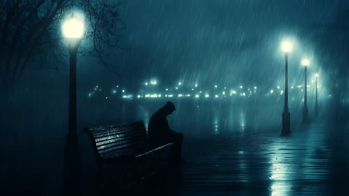 Moody park bench silhouette in nocturnal rain composition.