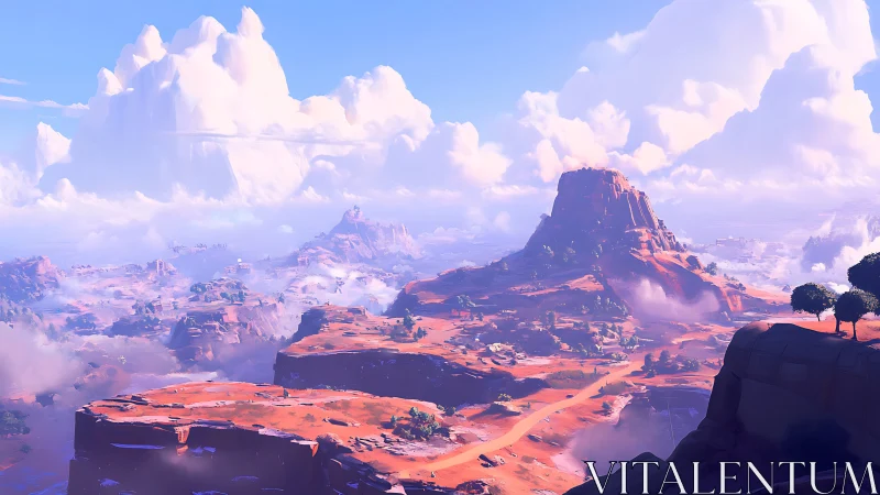 Crimson mesas rise beneath towering sunlit storm clouds.