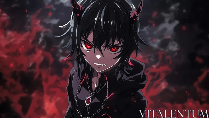 Fierce demon boy meets swirling red flames in a bold stare