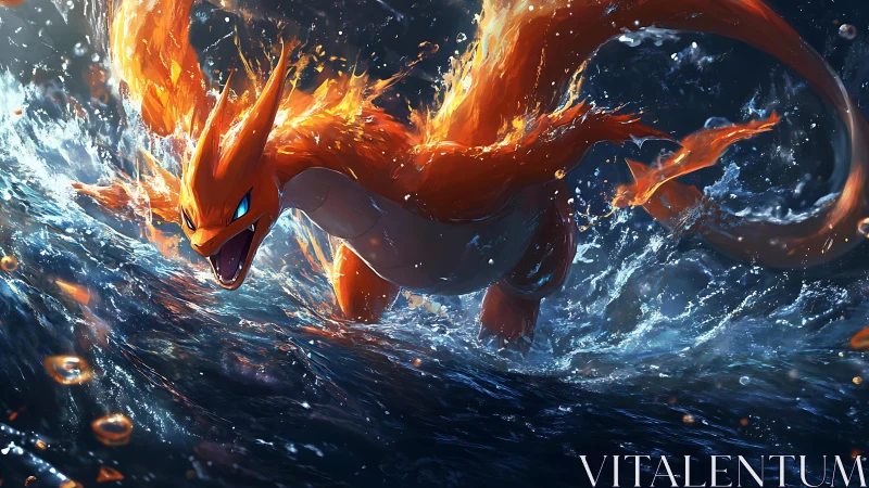 Fiery orange dragon-like creature in turbulent seawater.