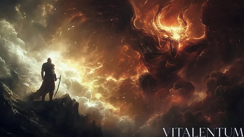 Lone warrior meets a molten sky giant in stormy twilight.