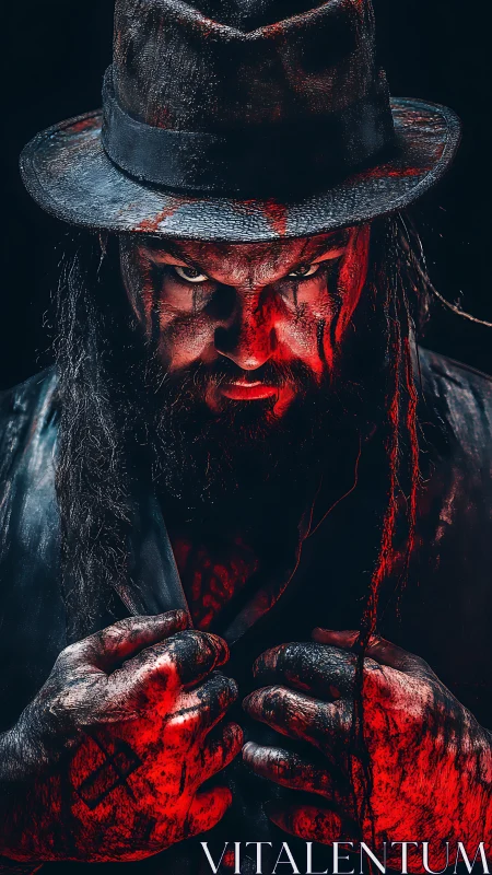 Bearded man in hat is illuminated by directional red light