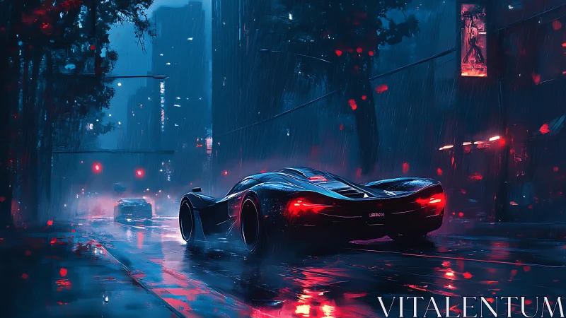 Futuristic supercar glides through neon drenched rain cityscape.