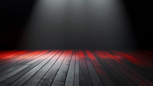 Empty wooden stage floor sits under red and white spotlights