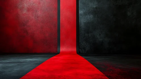 Red vertical path divides textured black and red walls