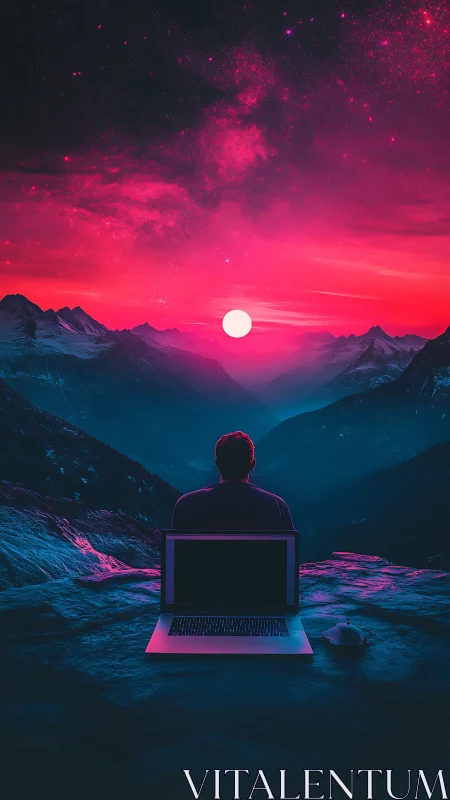 Solitary figure watches neon sunset beyond open laptop