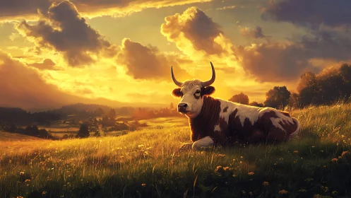 Golden hillside sunset with a calm resting country cow.