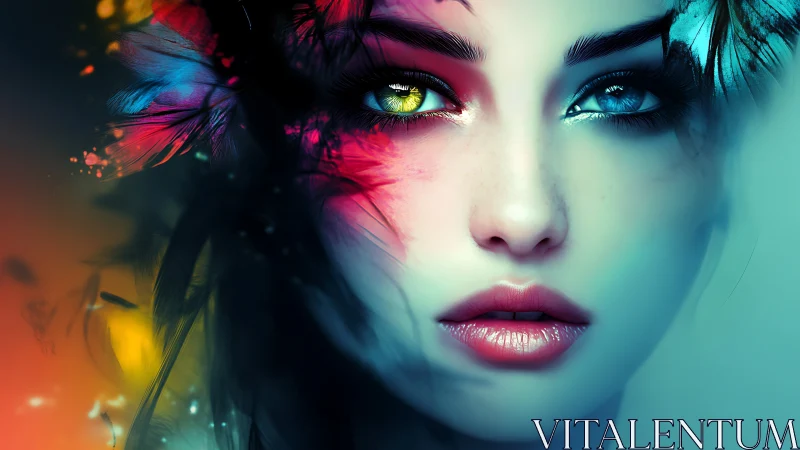 Heterochromatic muse framed by neon feathered abstraction.