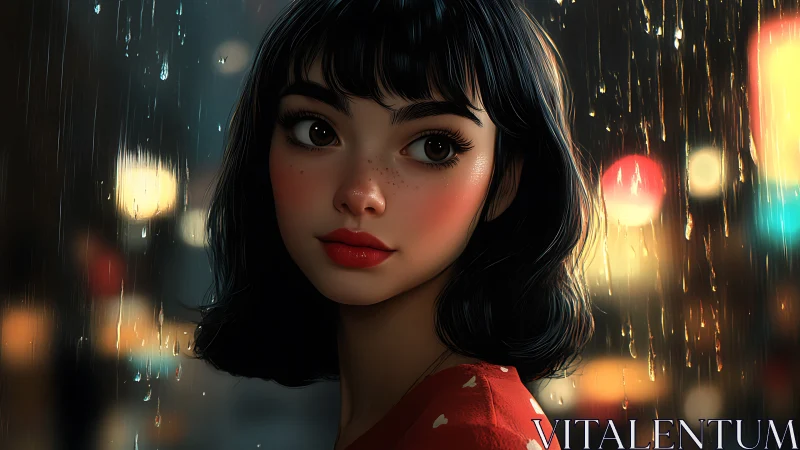 Digital portrait study of girl at rain-soaked night window.