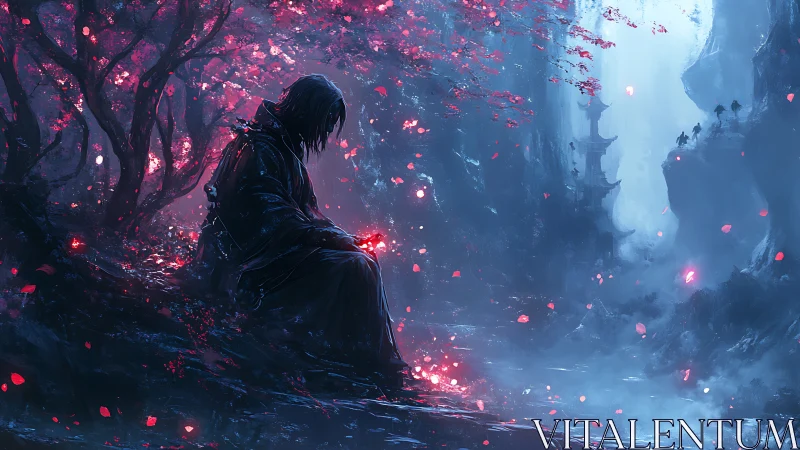 Solitary hooded figure in glowing cherry blossom ravine.