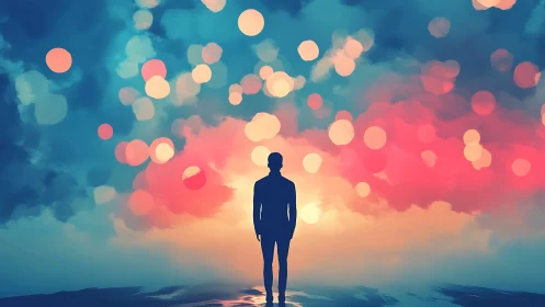 Silhouette in a sky of drifting dreams and bright questions.