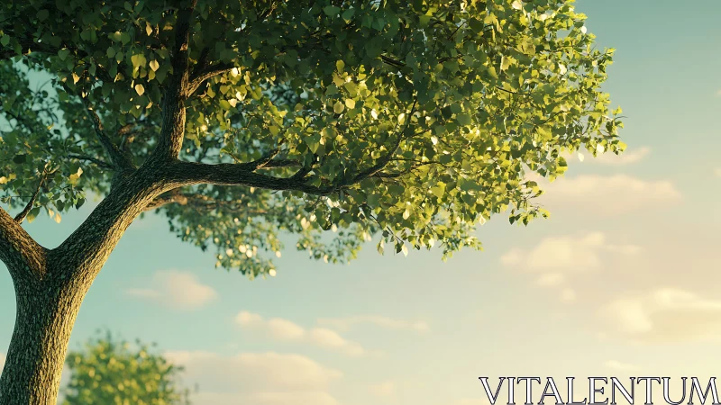 Procedurally lit summer tree canopy in shallow perspective.