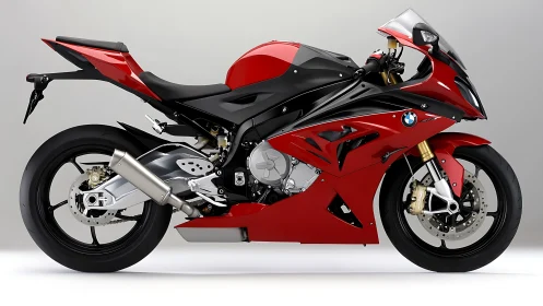 Red BMW sport motorcycle with aerodynamic race fairing.