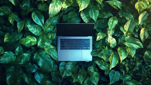 Silver laptop rests among lush green tropical foliage.