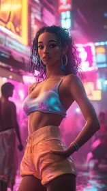 Confident night stroll under neon city glow and color.