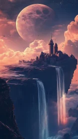 Floating cliff city with waterfalls under huge moon.