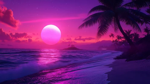 Dreamy neon sunset over a peaceful tropical shoreline.
