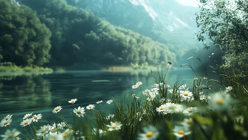 Daisies gossip by a glassy mountain river in soft morning hush.