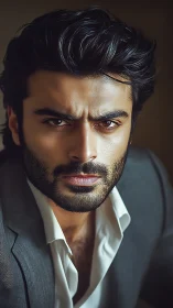 Intense bearded man in suit stares with fierce determination