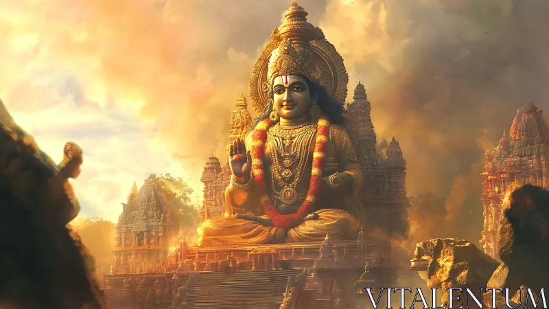 Monumental Hindu deity statue dominates temple complex under golden haze