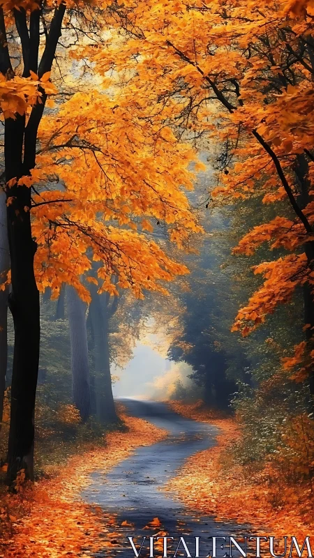 Curving forest lane under vivid fiery autumn canopy.