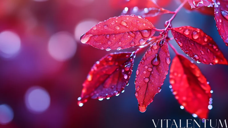 Raindrops on ruby leaves against a dreamy bokeh glow.