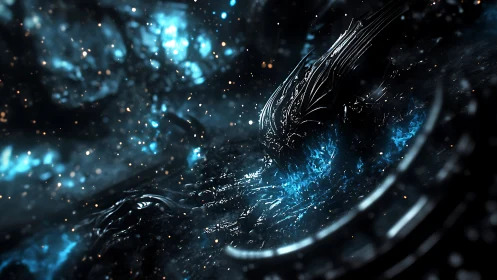 Dark alien construct over glowing blue cosmic rift.