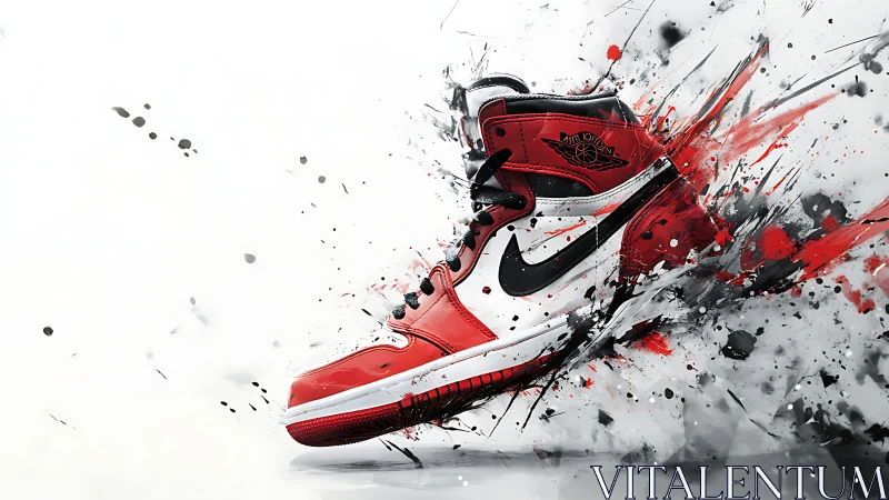High contrast red sneaker exploding through abstract paint.
