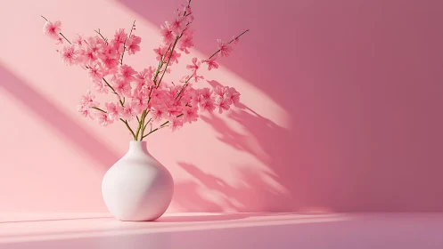 Pink Blossoms in Spherical Vase Against Monochromatic Wall.