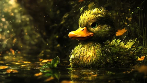 Gentle forest duckling drifting in glowing golden water.