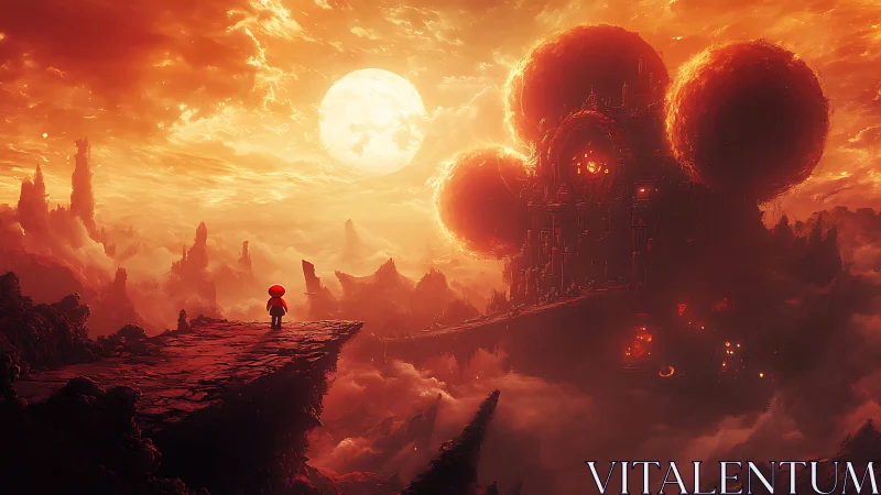 Lone figure faces burning citadel under colossal sun.