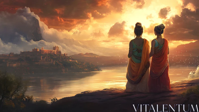 Sunset river overlook with royal figures and distant citadel