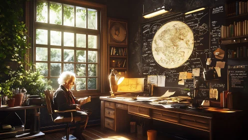 Luminous cartographic study in a cluttered analytical studio.