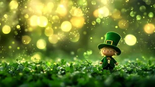 Tiny leprechaun in clover fields under glowing green lights.