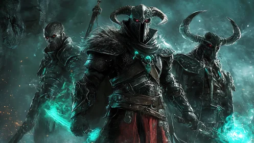 Armored horned warriors with glowing weapons in misty dark scene.