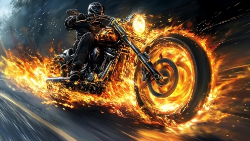 Motorcycle rider executes high-speed burn-out with flaming wheels