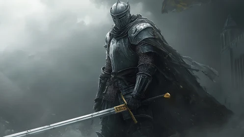 Storm-drenched black knight gripping a battle-weary sword.
