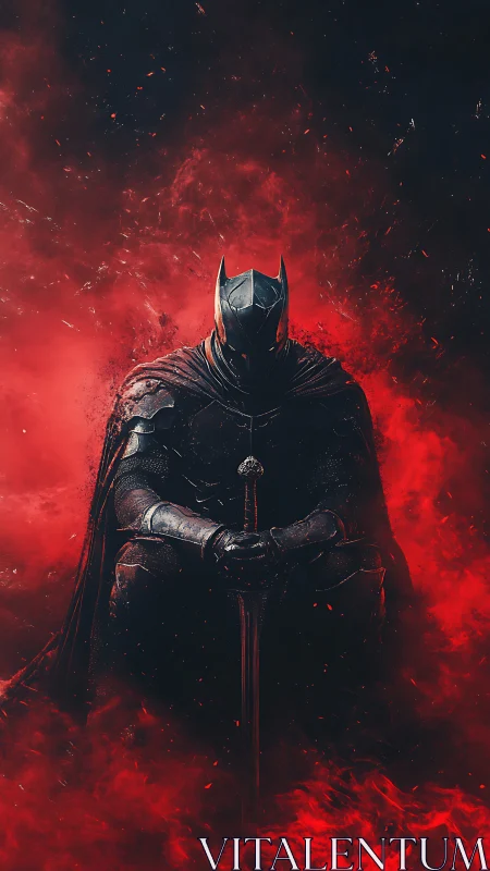 Shadow knight broods in crimson smoke and silent embers.