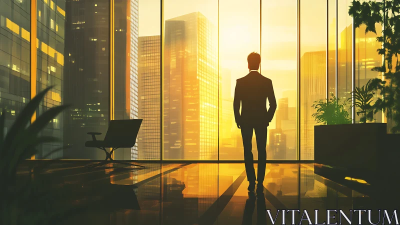 Businessman silhouette observing cityscape from high-rise office window at sunset