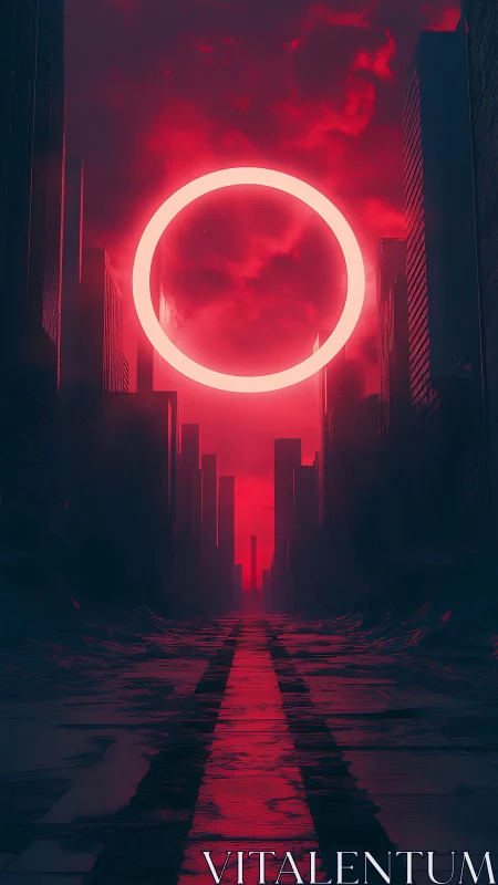 Glowing neon ring hovers above linear-perspective cyberpunk avenue