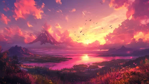 Vivid fantasy sunset over mountains, lake and wildflowers.