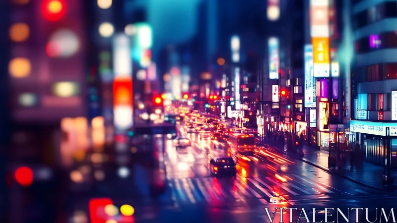 Neon rain turns the restless city street into liquid pixels