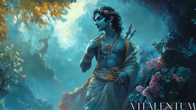 Moonlit blue deity wandering through luminous forest dreamscape.