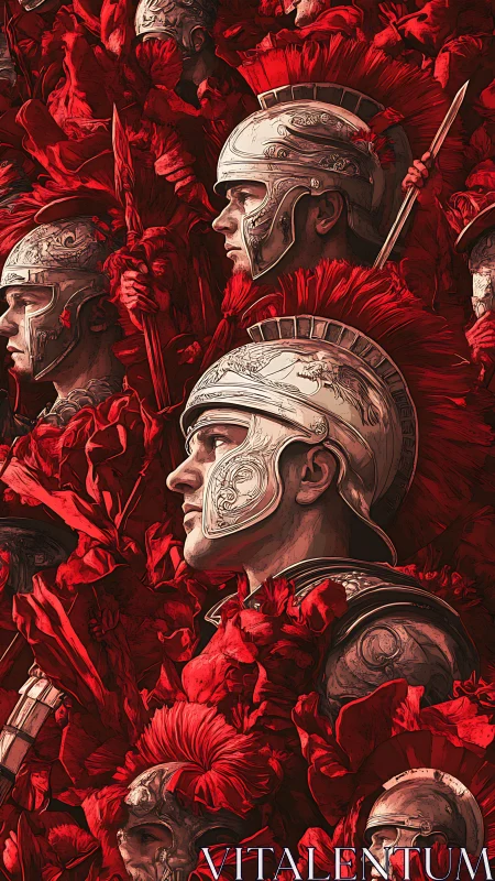 Layered Roman legionary profiles emerge from dense red floral field