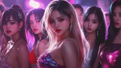 Neon-lit girl group portrait in glossy club ambience.