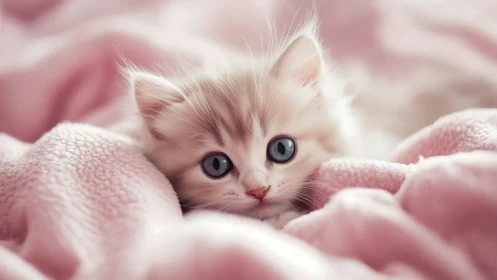 Felid Juvenile in Pastel Pink Textile Environment with Blue Iris