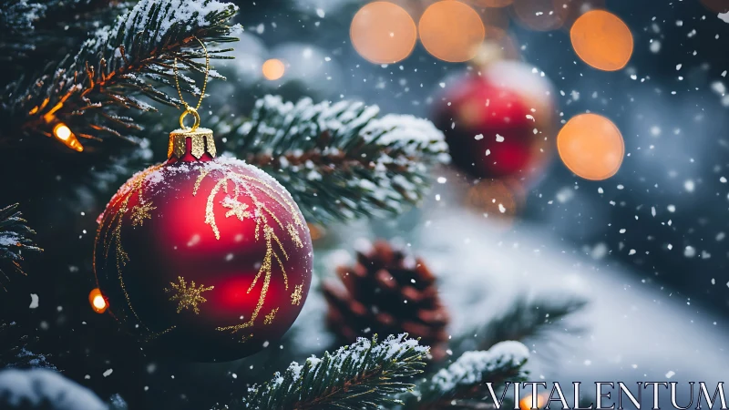 Snowy red ornament glowing softly on a winter tree.