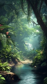 Lush jungle river scene with sunlight and distant waterfall.