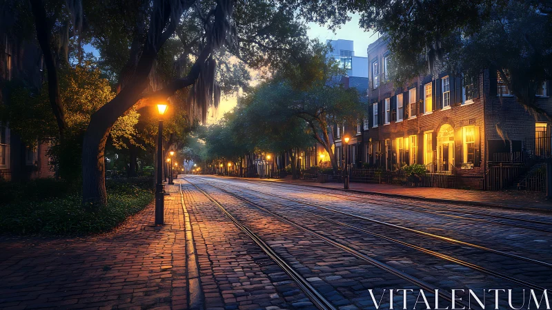 Evening tram tracks extend through cobbled residential street