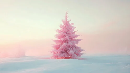 Pink frost-covered fir tree rises over pastel winter field